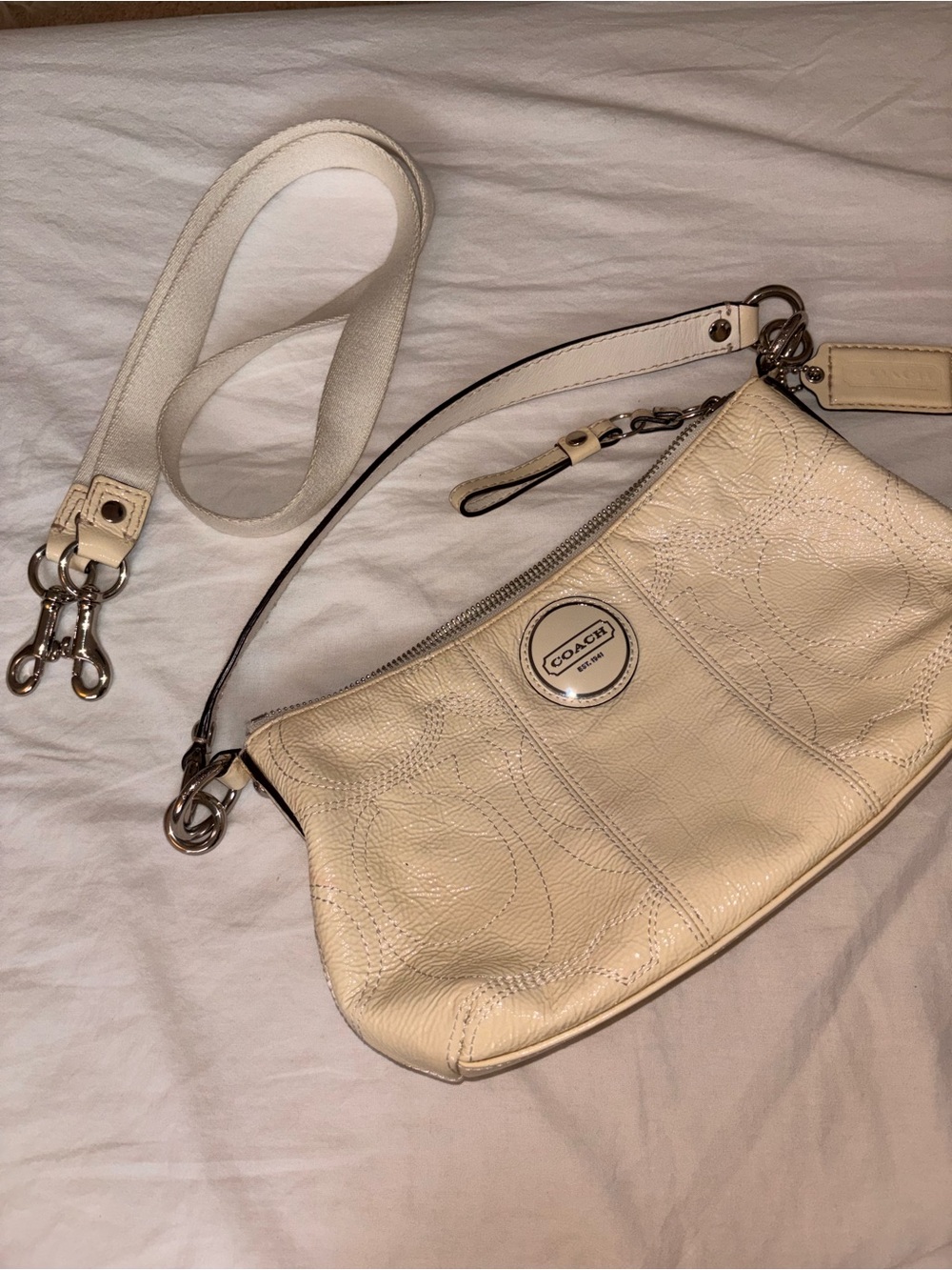 Y2K Coach White Cream Monogram Logo Shoulder Bag with Crossbody Strap
